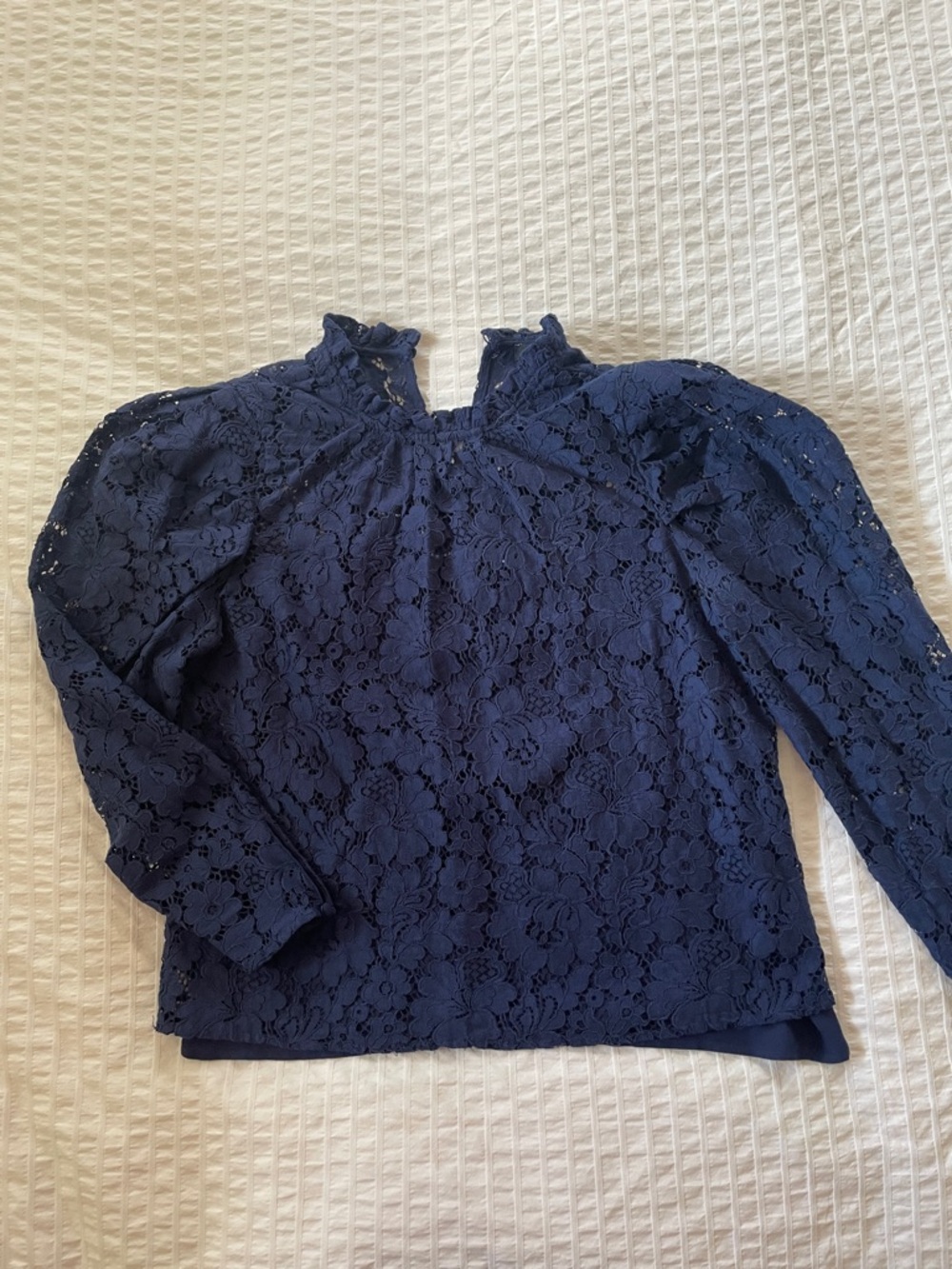 Express Lace Mock-Neck Long-Sleeve Blouse in Navy